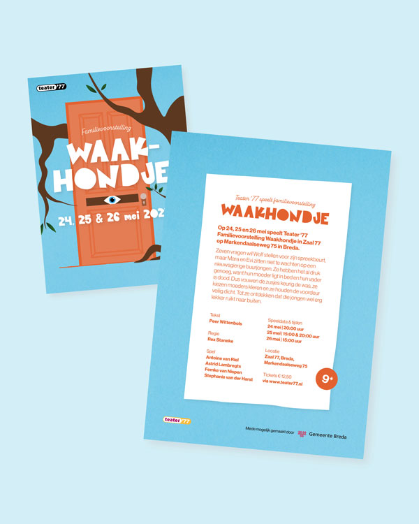 Flyer-ontwerp voor de theatervoorstelling Waakhondje van Teater '77